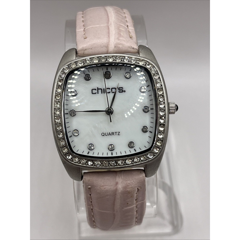 Chico's Women's Watch Rhinestone Bezel Pink Genuine Band MOP Dial- New Battery